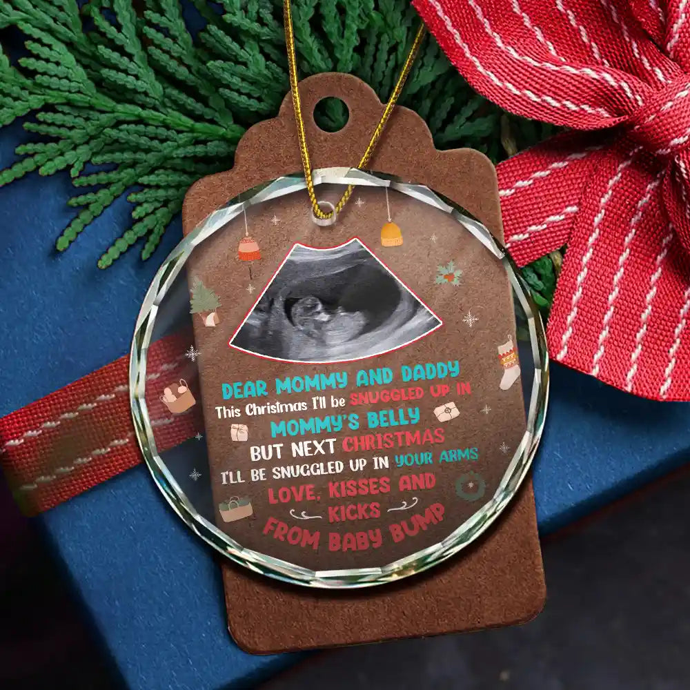 Custom Photo Snuggle Up In Mommy's Belly Christmas - Personalized Circle Glass Ornament ORNA1210