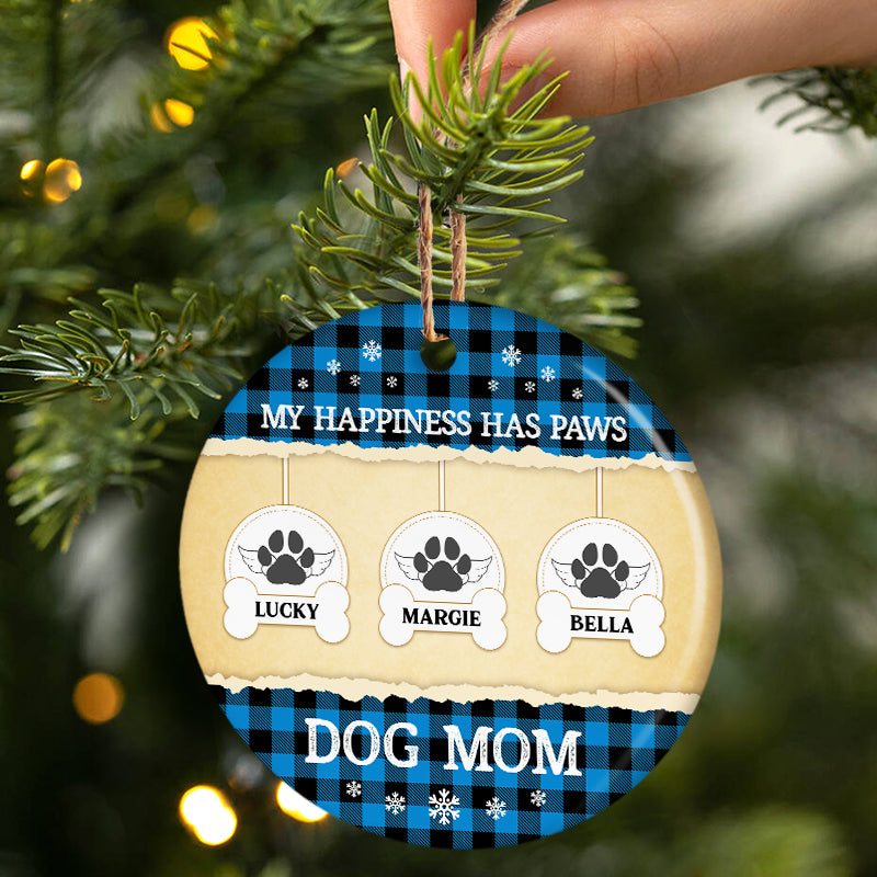 Christmas Dog Lover Happiness Has Paws - Personalized Custom Circle Ceramic Ornament ORNA1210