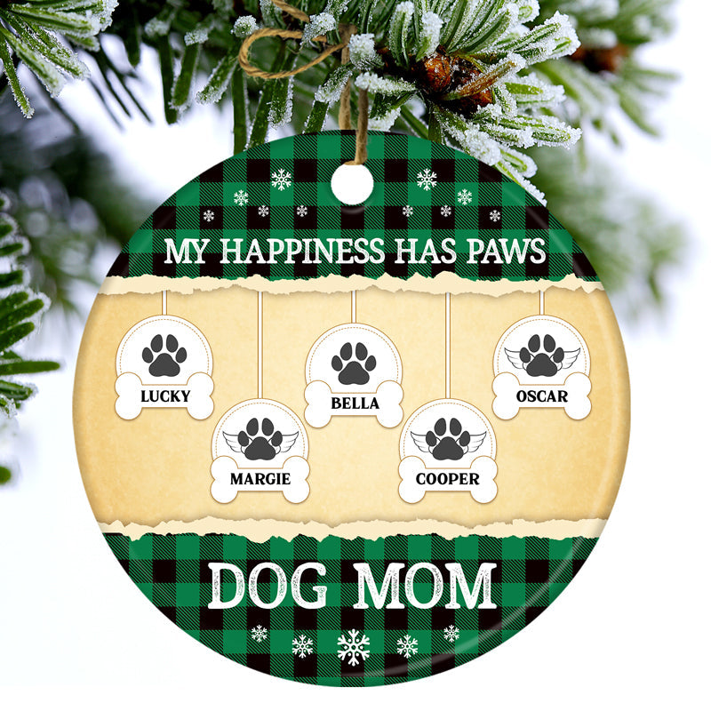 Christmas Dog Lover Happiness Has Paws - Personalized Custom Circle Ceramic Ornament ORNA1210