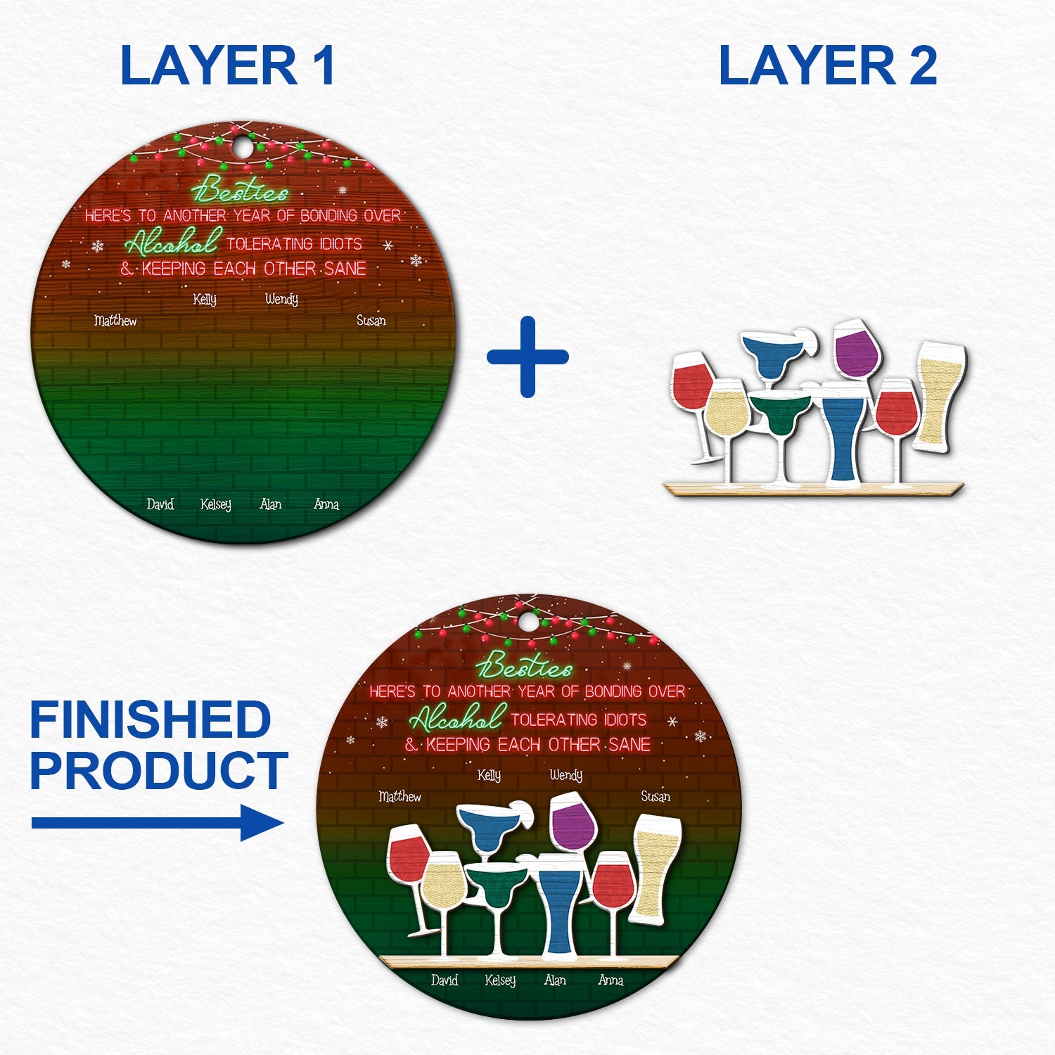 Here's To Another Year Of Bonding Over - Christmas Gift For Besties - Personalized 2-Layered Wooden Ornament ORNA1210