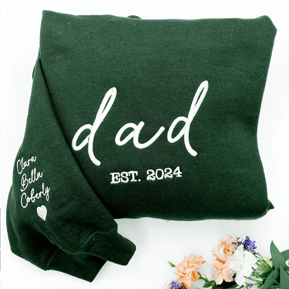 Dad Sweater, Custom Hoodie for Dads with Name of Child, Daddy EST 2024 Crewneck Embroidered em4