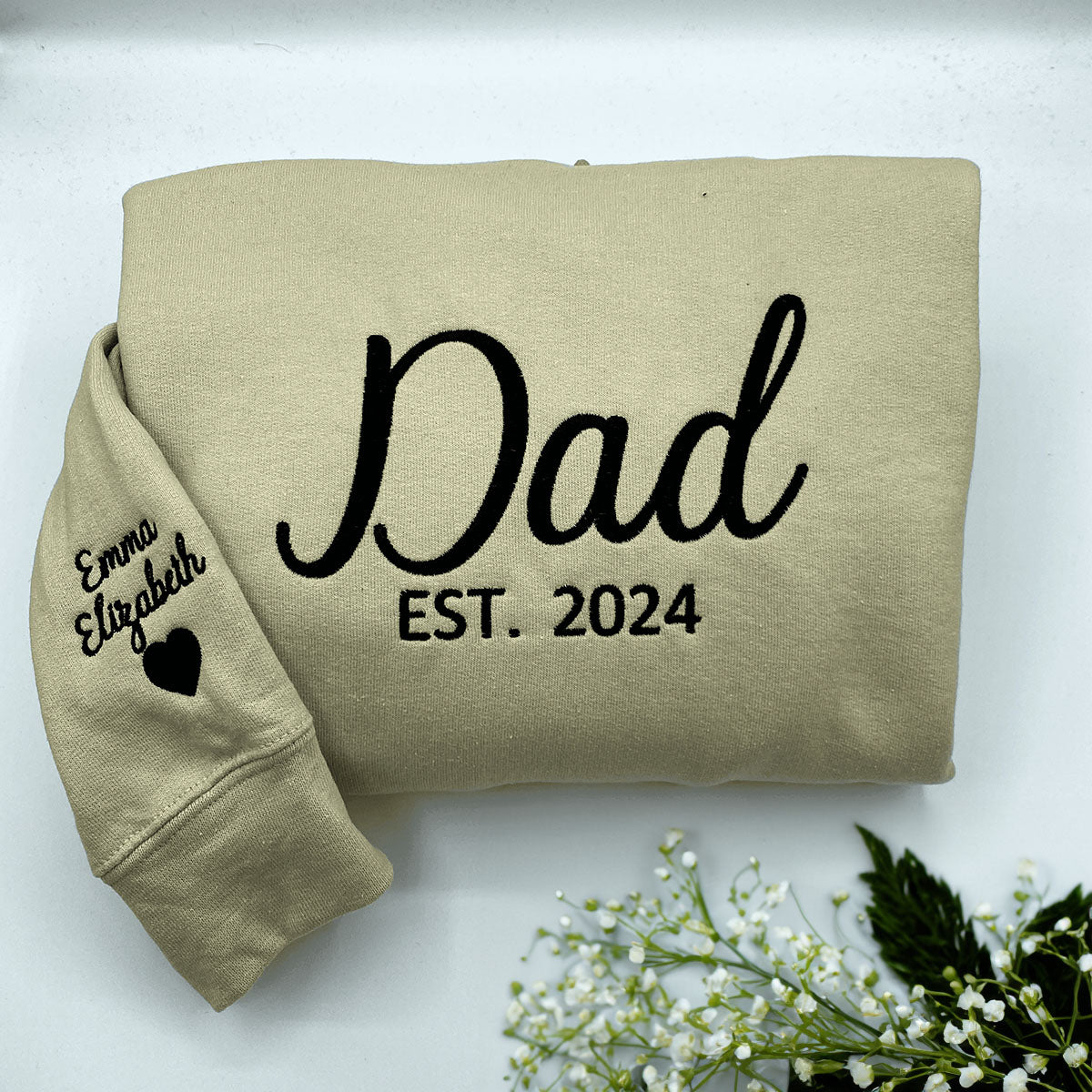 Dad Sweater, Custom Hoodie for Dads with Name of Child, Daddy EST 2024 Crewneck Embroidered em4