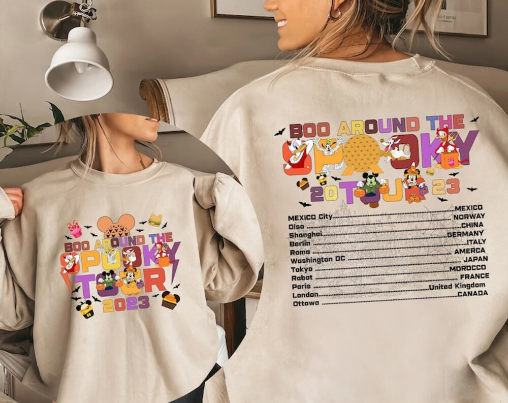 Disney Two Sided Halloween Epcot World Tour Sweater, The Spooky Tour 2023 Tee, Retro Mickey and Friends Halloween Team, Halloween Party 2023