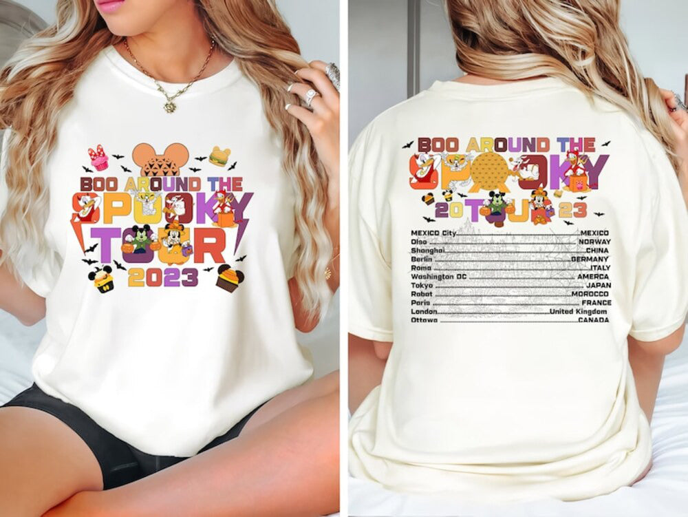Disney Two Sided Halloween Epcot World Tour Sweater, The Spooky Tour 2023 Tee, Retro Mickey and Friends Halloween Team, Halloween Party 2023