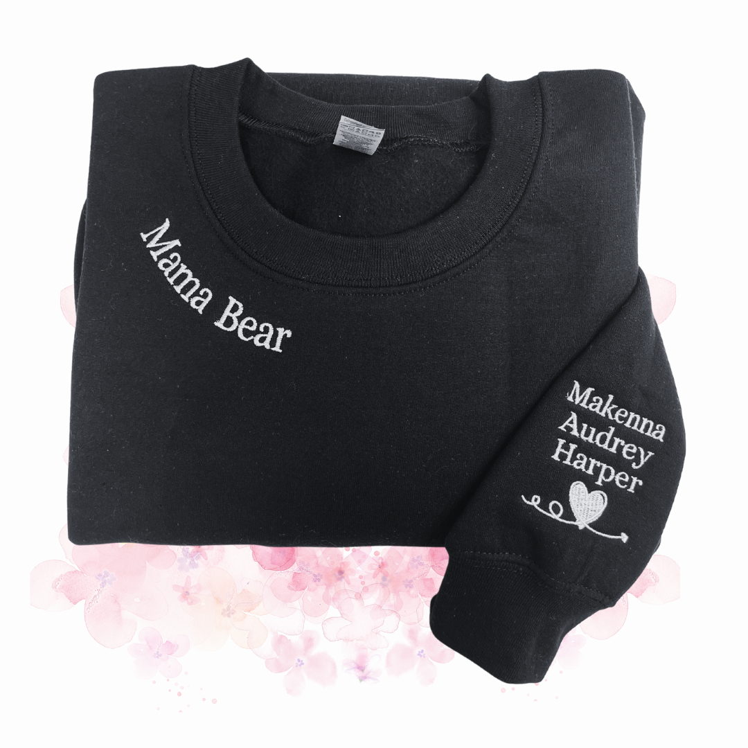 Mama Sweatshirt Embroidered, Custom Mama Crewneck With Kids Names, Heart On Sleeve em4