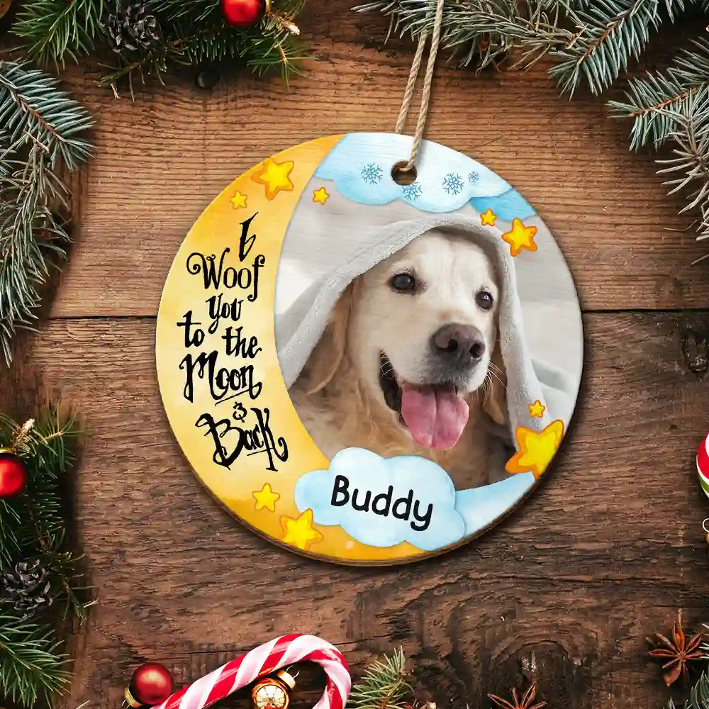 Custom Photo I Woof Meow You To The Moon - Personalized Custom Shaped Wooden Ornament ORNA1210