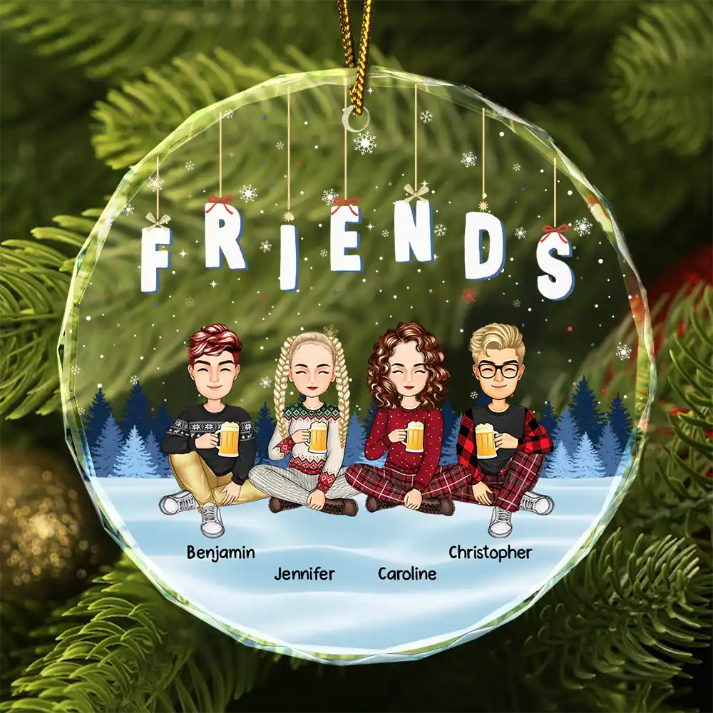 Friends Besties Sisters Sitting Together Cartoon - Personalized Circle Glass Ornament ORNA1210