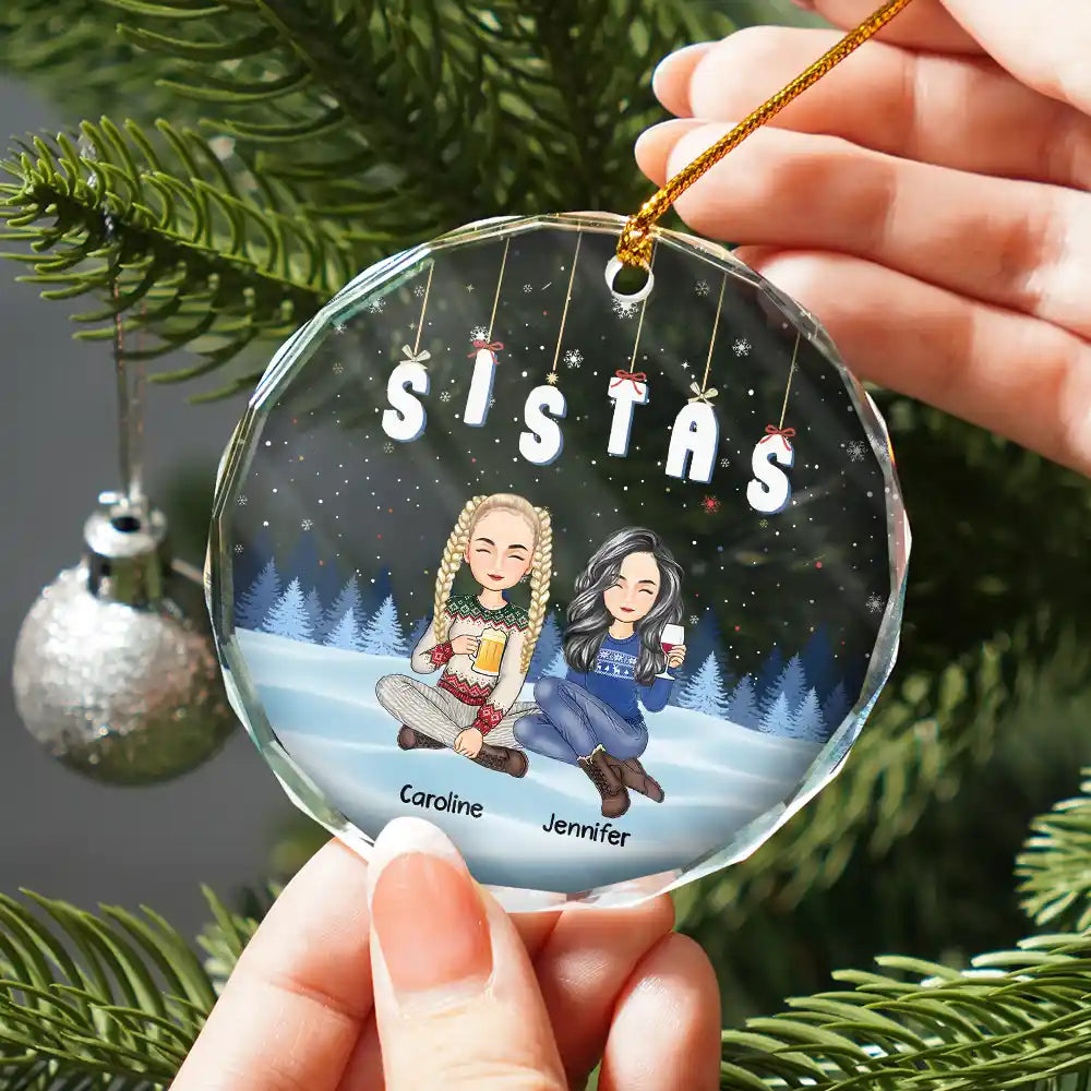Friends Besties Sisters Sitting Together Cartoon - Personalized Circle Glass Ornament ORNA1210