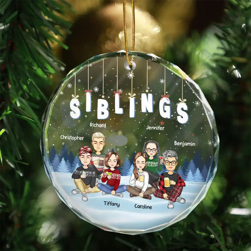 Friends Besties Sisters Sitting Together Cartoon - Personalized Circle Glass Ornament ORNA1210