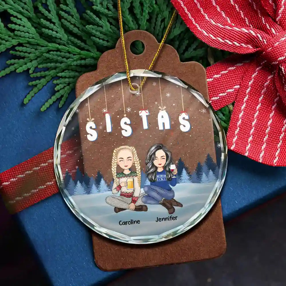 Friends Besties Sisters Sitting Together Cartoon - Personalized Circle Glass Ornament ORNA1210