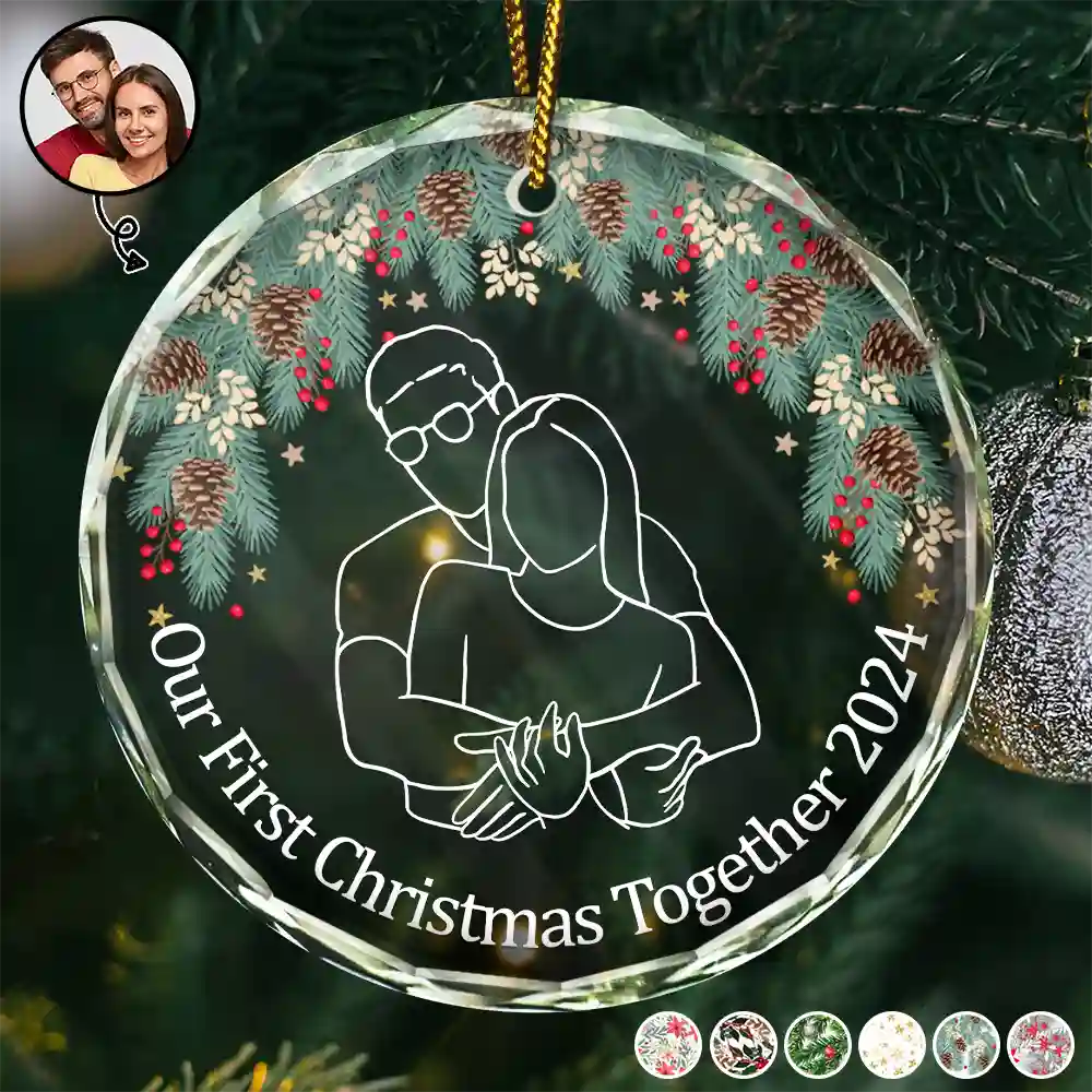 Custom Photo Christmas Portrait One Line - Personalized Circle Glass Ornament ORNA1210