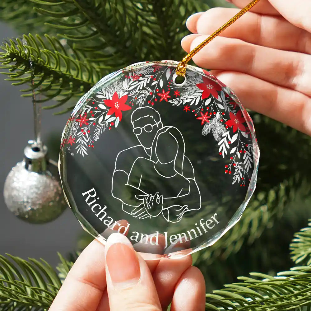Custom Photo Christmas Portrait One Line - Personalized Circle Glass Ornament ORNA1210