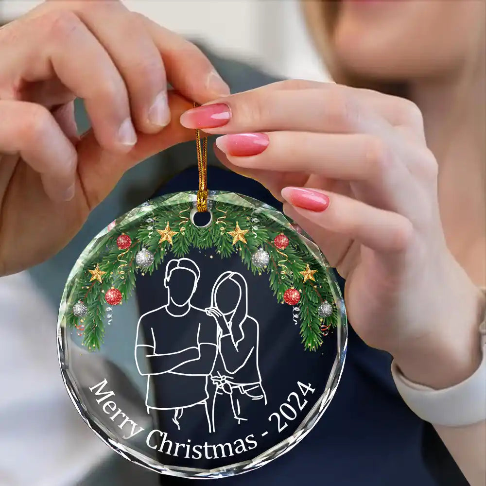 Custom Photo Christmas Portrait One Line - Personalized Circle Glass Ornament ORNA1210