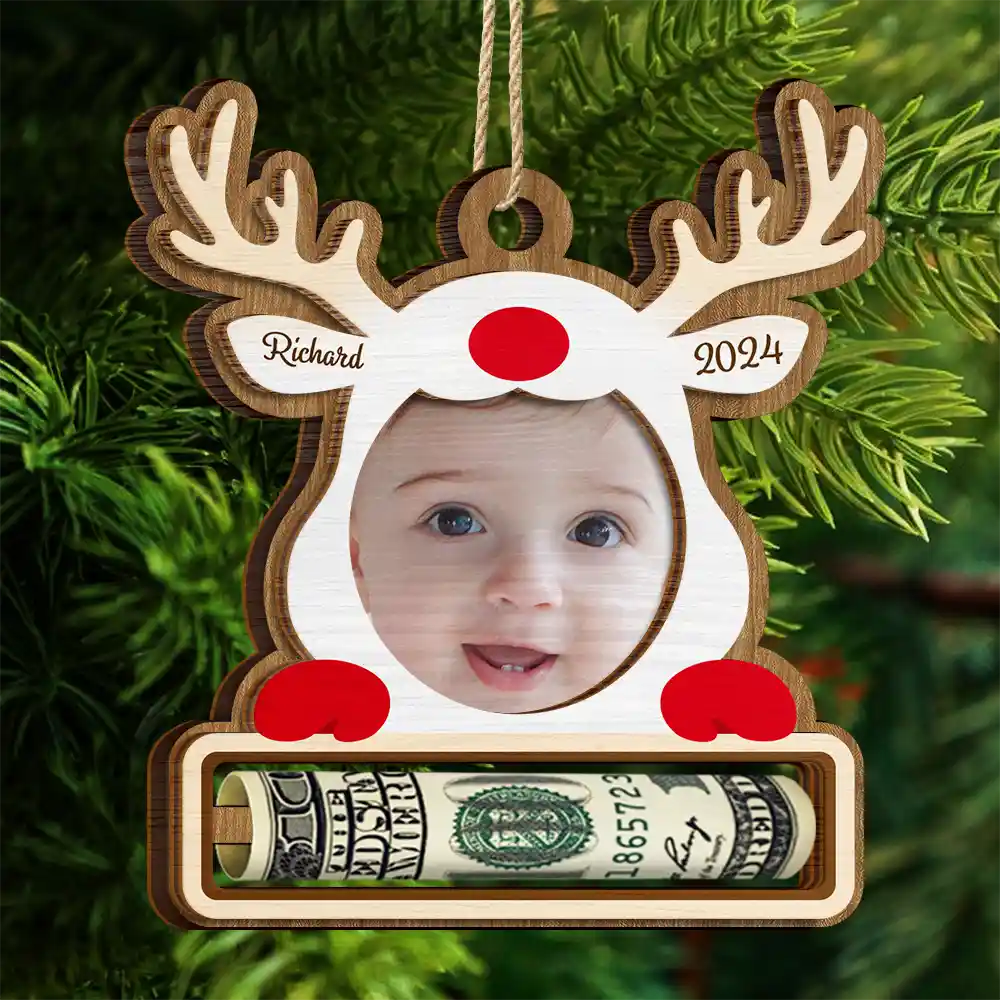 Custom Photo Christmas Reindeer - Personalized 2-Layered Wooden Ornament, Money Holder Ornament ORNA1210