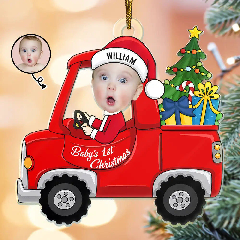 Custom Photo Christmas Red Truck Baby - Personalized Cutout Acrylic Ornament ORNA1210