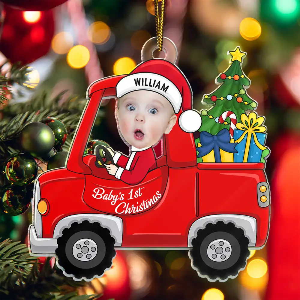 Custom Photo Christmas Red Truck Baby - Personalized Cutout Acrylic Ornament ORNA1210