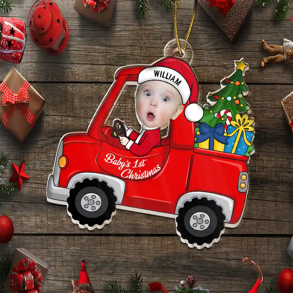 Custom Photo Christmas Red Truck Baby - Personalized Cutout Acrylic Ornament ORNA1210