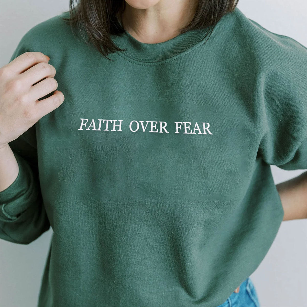 Faith Over Fear Sweatshirt, Christian Hoodie Embroidered with Personalized Text Icon on Sleeve em4