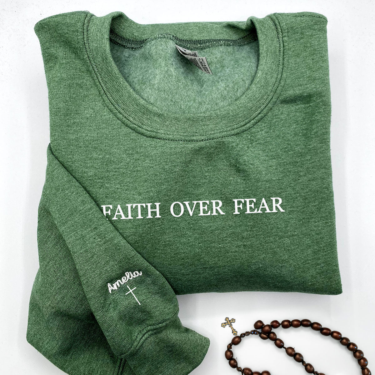 Faith Over Fear Sweatshirt, Christian Hoodie Embroidered with Personalized Text Icon on Sleeve em4