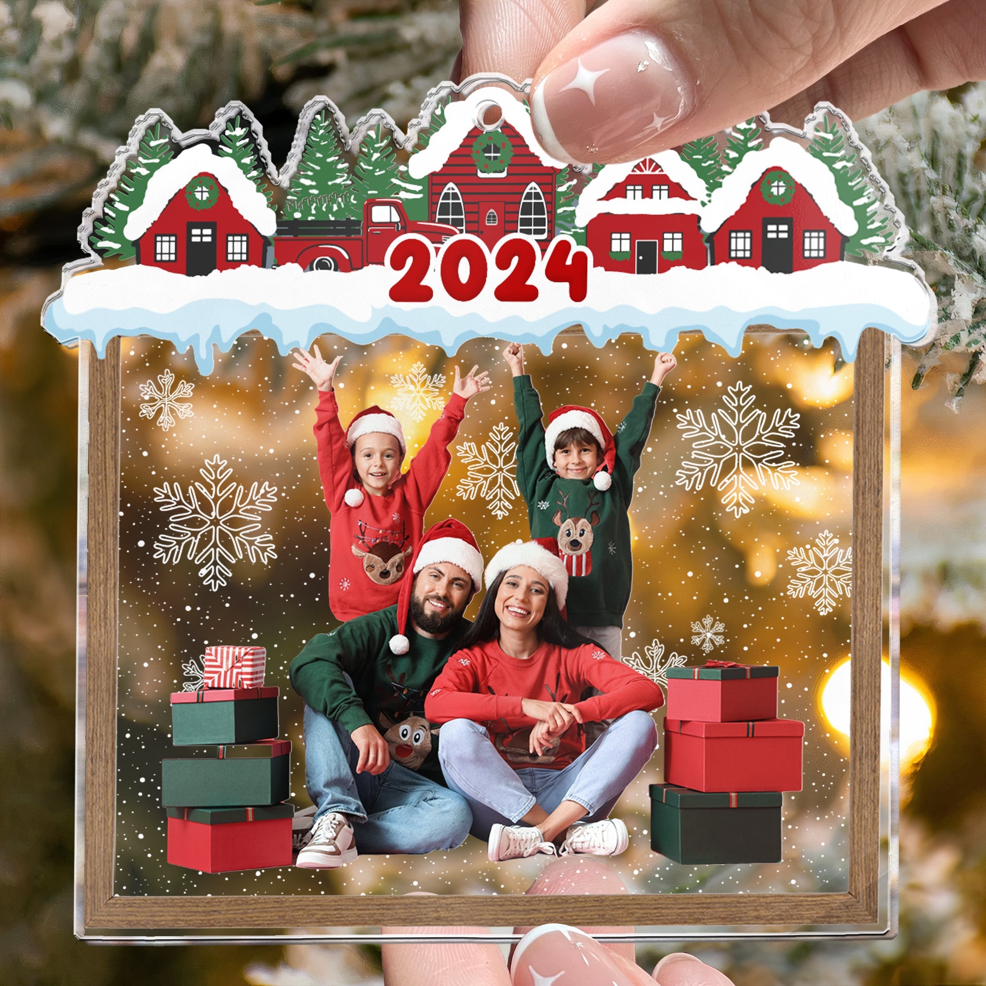 Family Beautiful Christmas Town Village View - Personalized Family Photo Ornament ORN0810