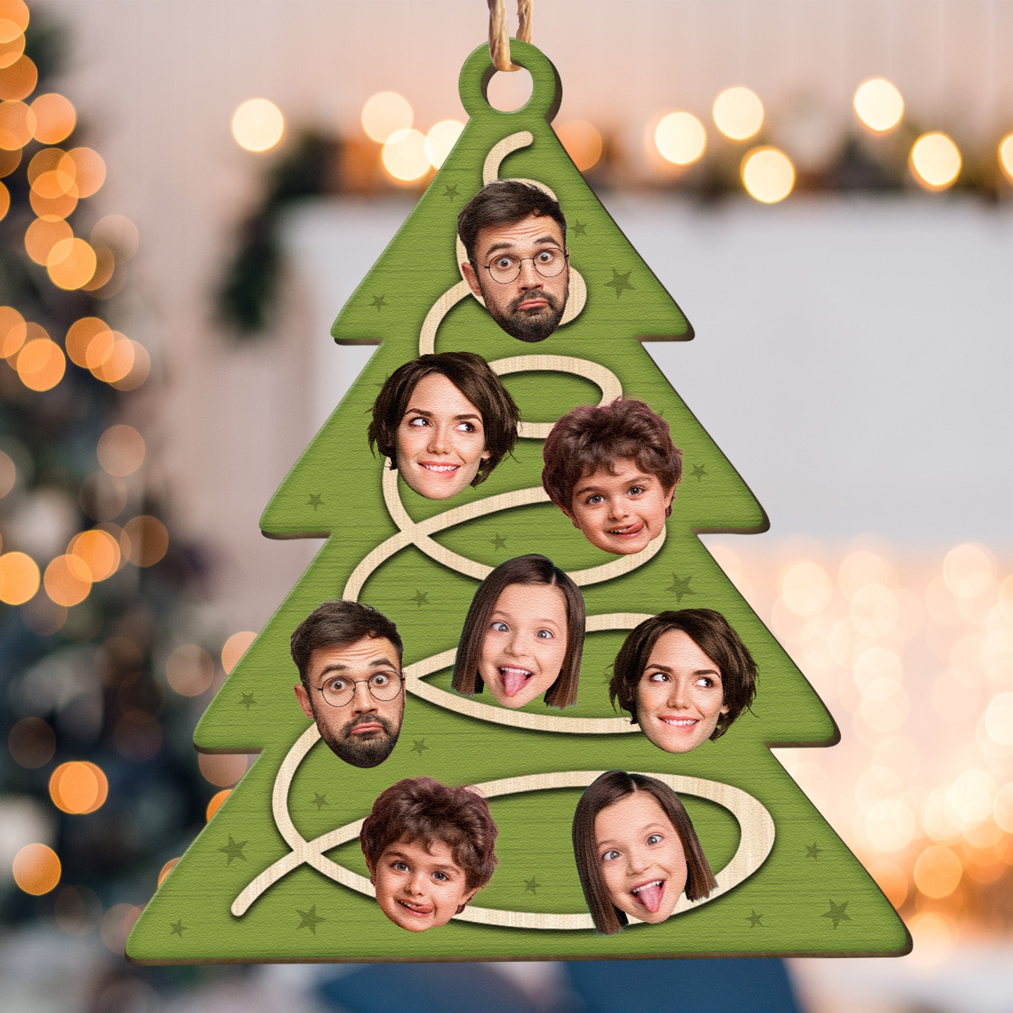 Family Christmas Tree With Star Ornament - Personalized Wooden Photo Ornament ORN0810