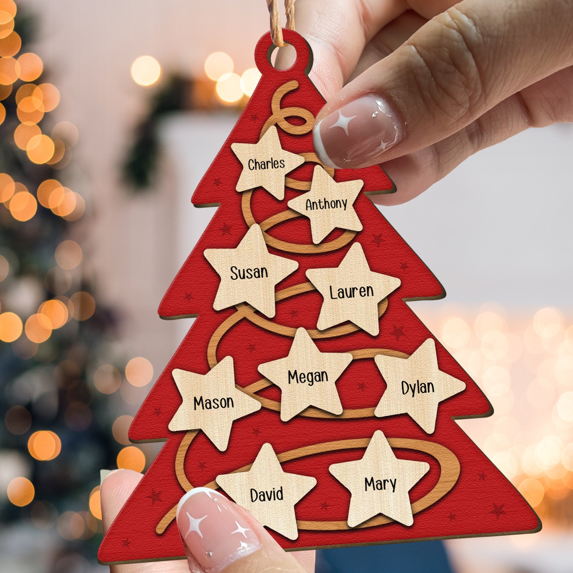 Family Christmas Tree With Star Ornament - Personalized Wooden Photo Ornament ORN0810