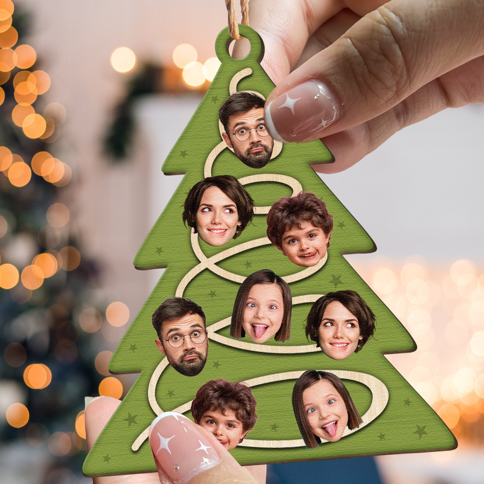 Family Christmas Tree With Star Ornament - Personalized Wooden Photo Ornament ORN0810