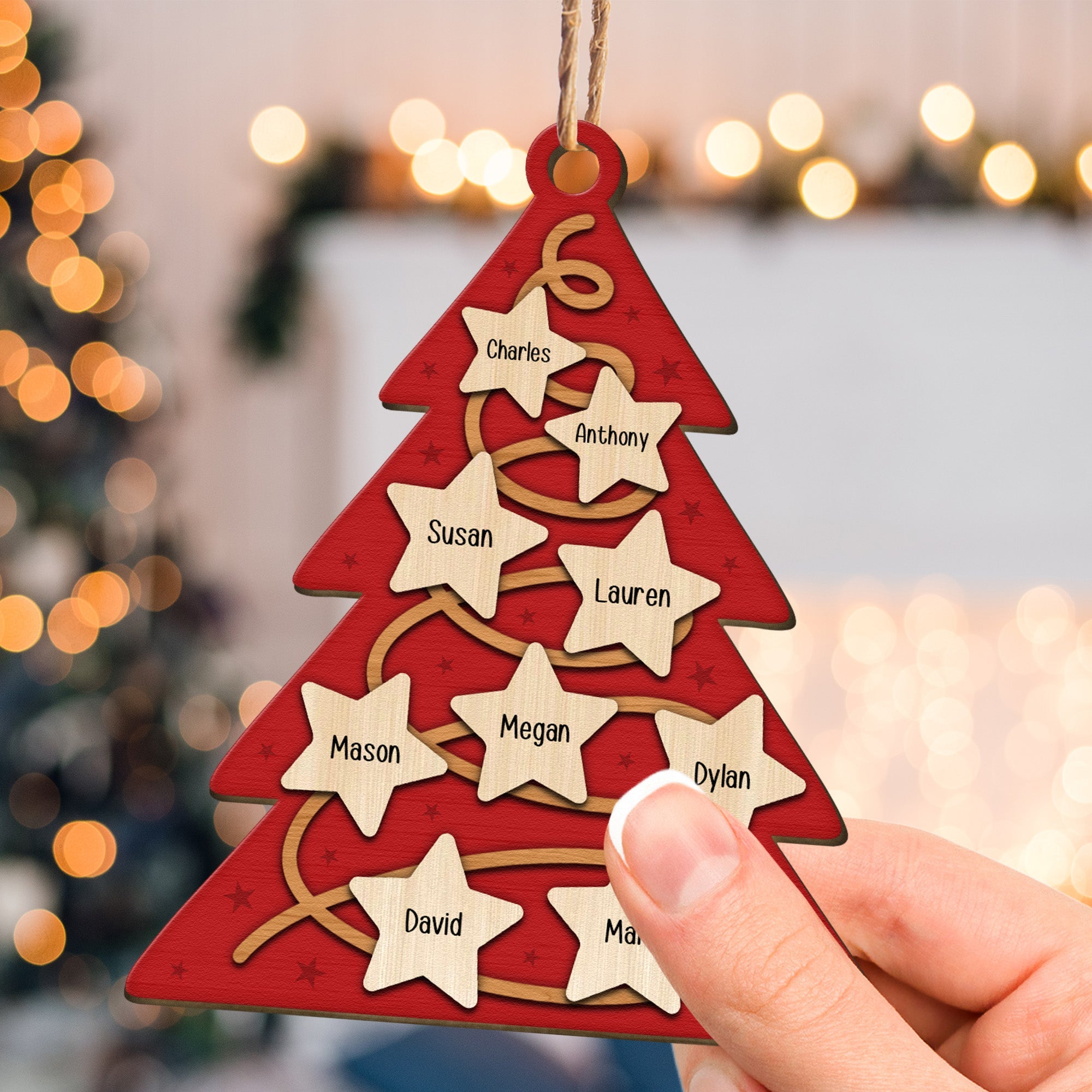 Family Christmas Tree With Star Ornament - Personalized Wooden Photo Ornament ORN0810