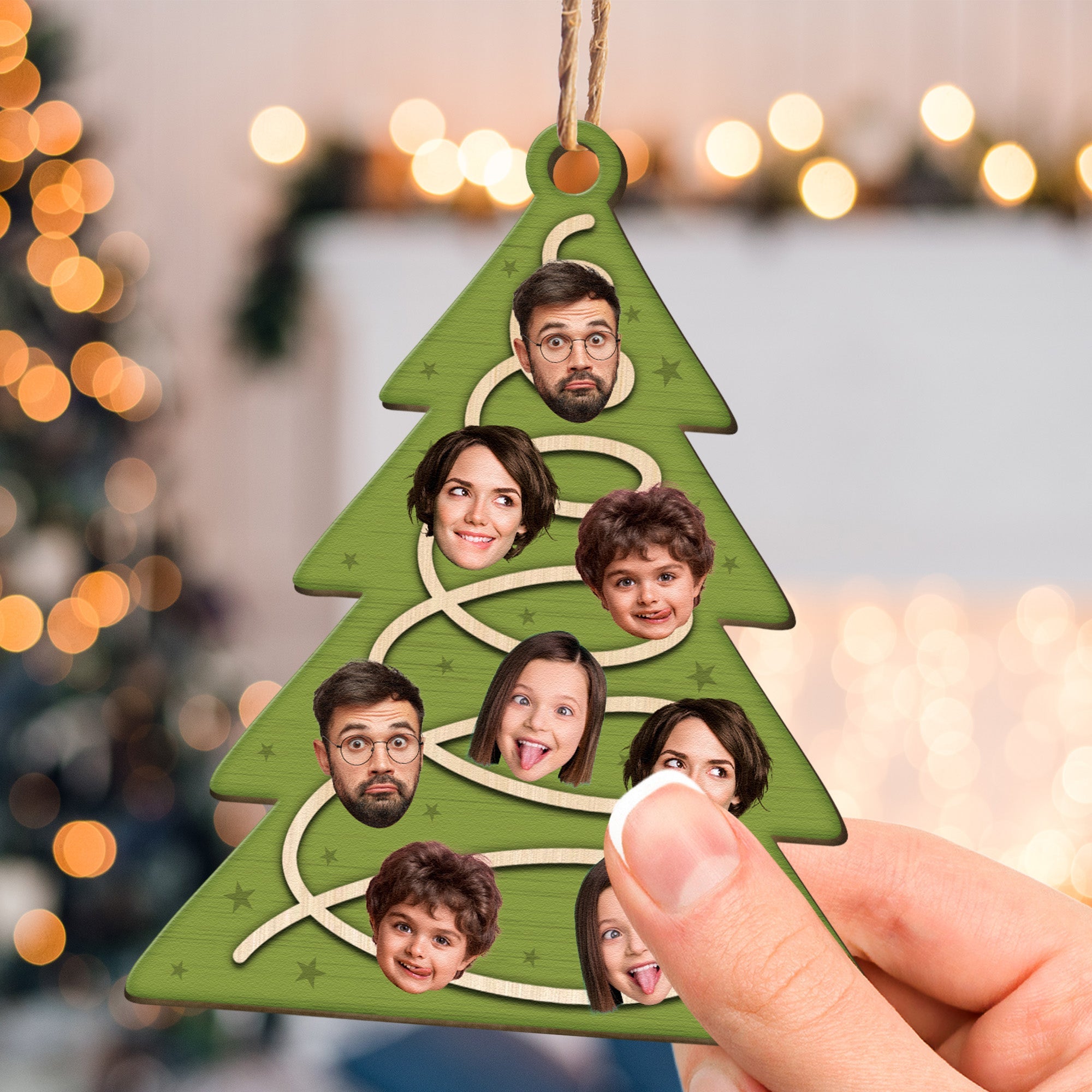 Family Christmas Tree With Star Ornament - Personalized Wooden Photo Ornament ORN0810