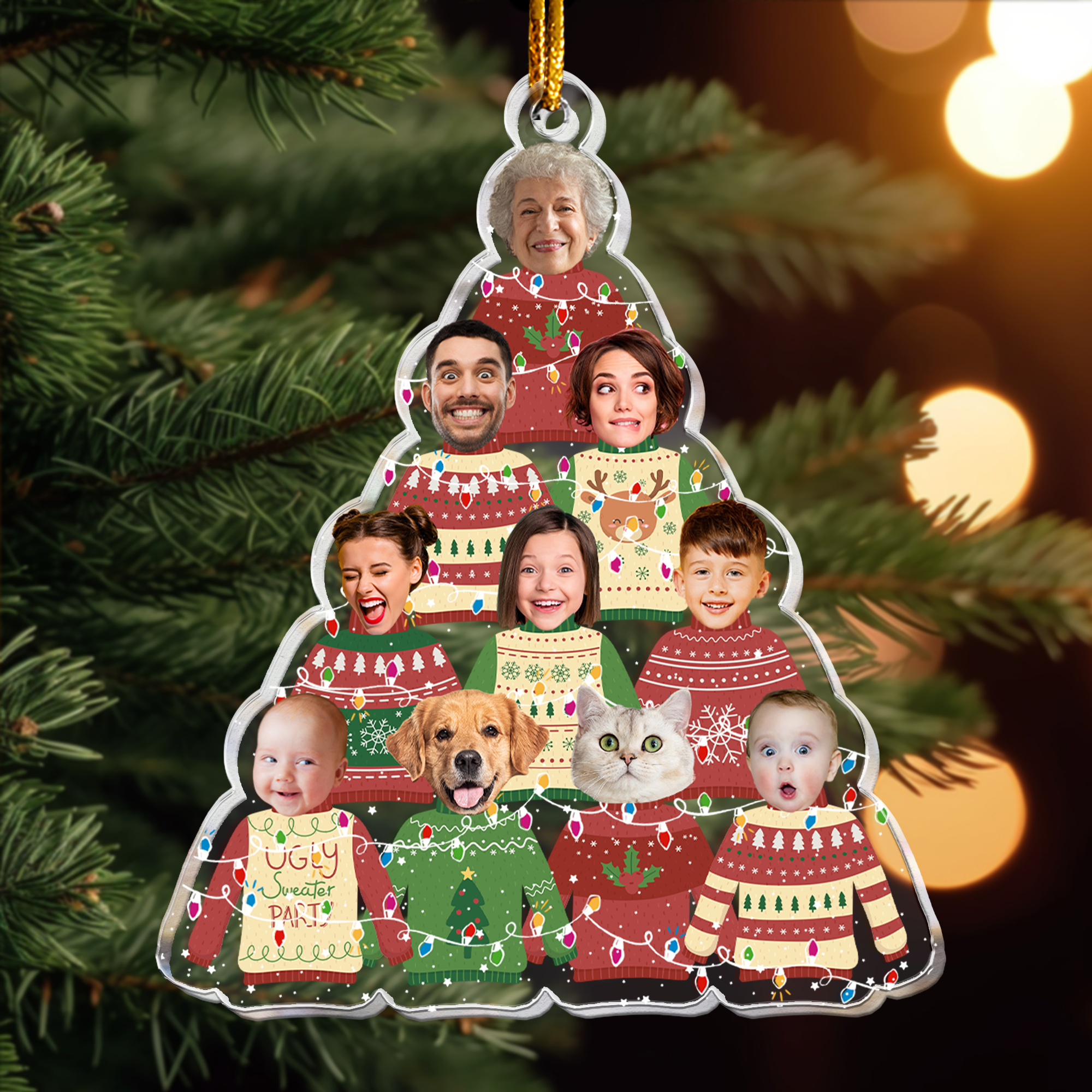 Family In Christmas Ugly Sweater Custom Fun Face - Personalized Acrylic Photo Ornament ORNA1210
