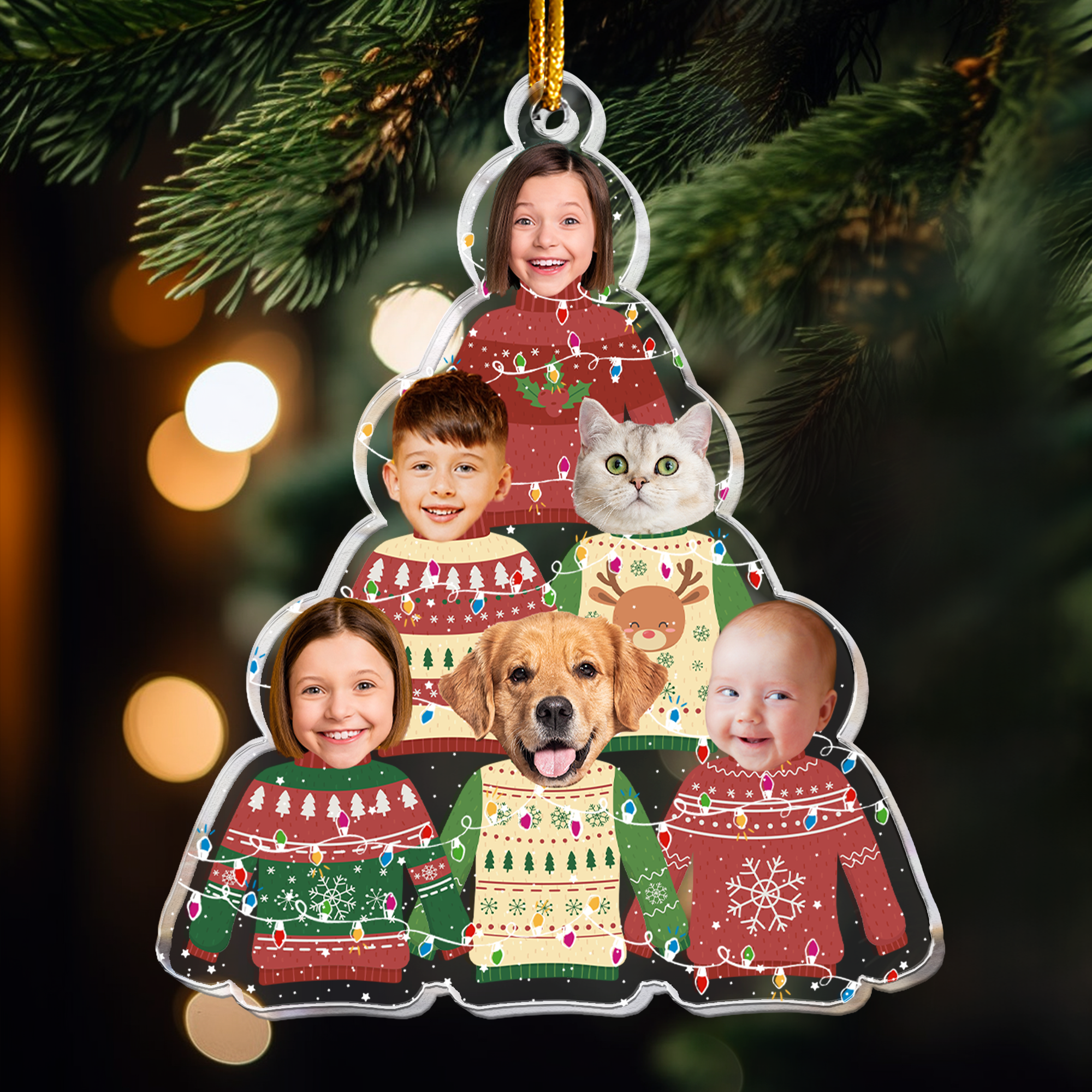 Family In Christmas Ugly Sweater Custom Fun Face - Personalized Acrylic Photo Ornament ORNA1210