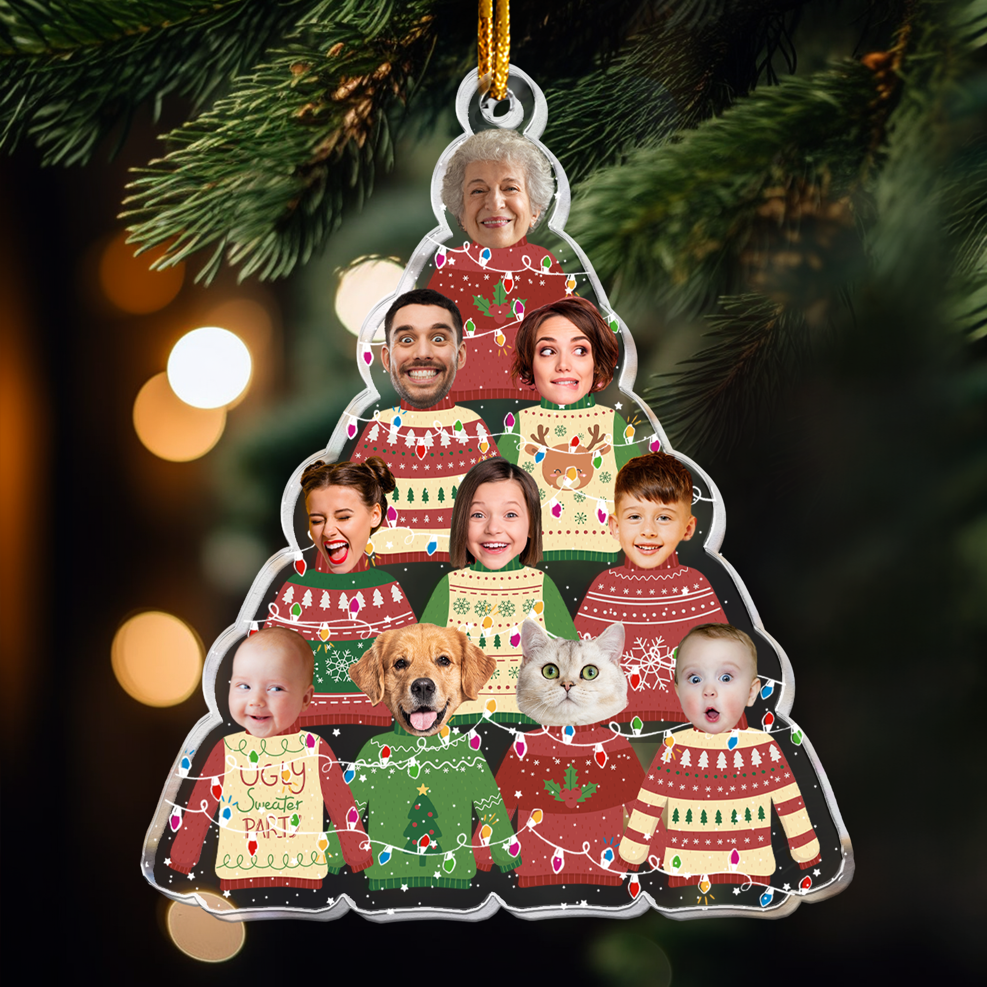 Family In Christmas Ugly Sweater Custom Fun Face - Personalized Acrylic Photo Ornament ORNA1210