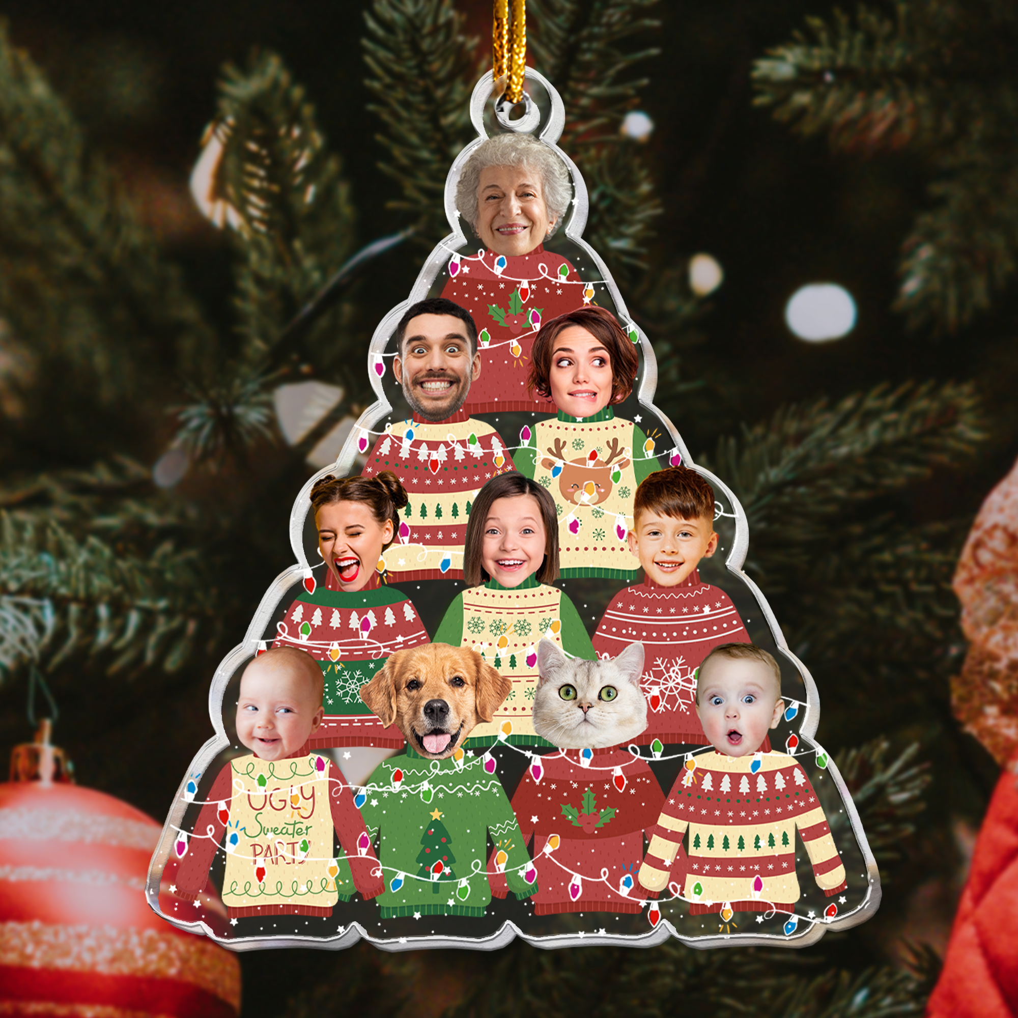 Family In Christmas Ugly Sweater Custom Fun Face - Personalized Acrylic Photo Ornament ORNA1210
