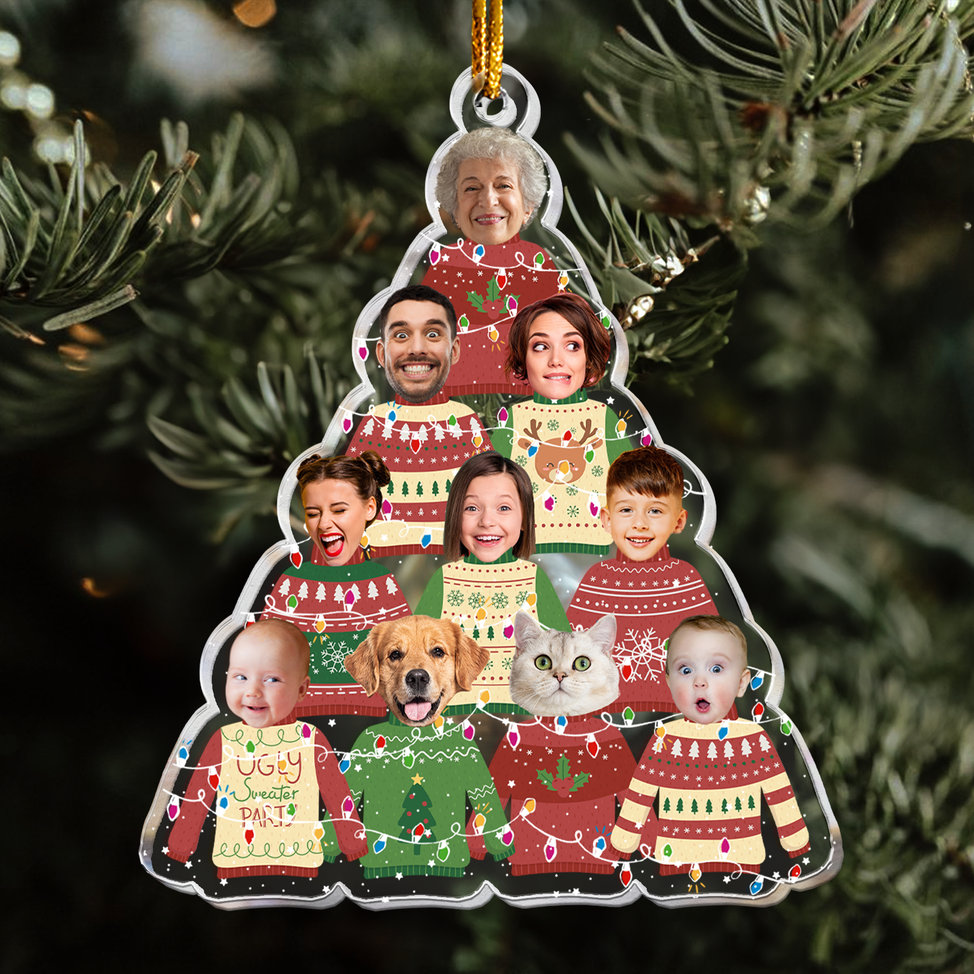 Family In Christmas Ugly Sweater Custom Fun Face - Personalized Acrylic Photo Ornament ORN0810