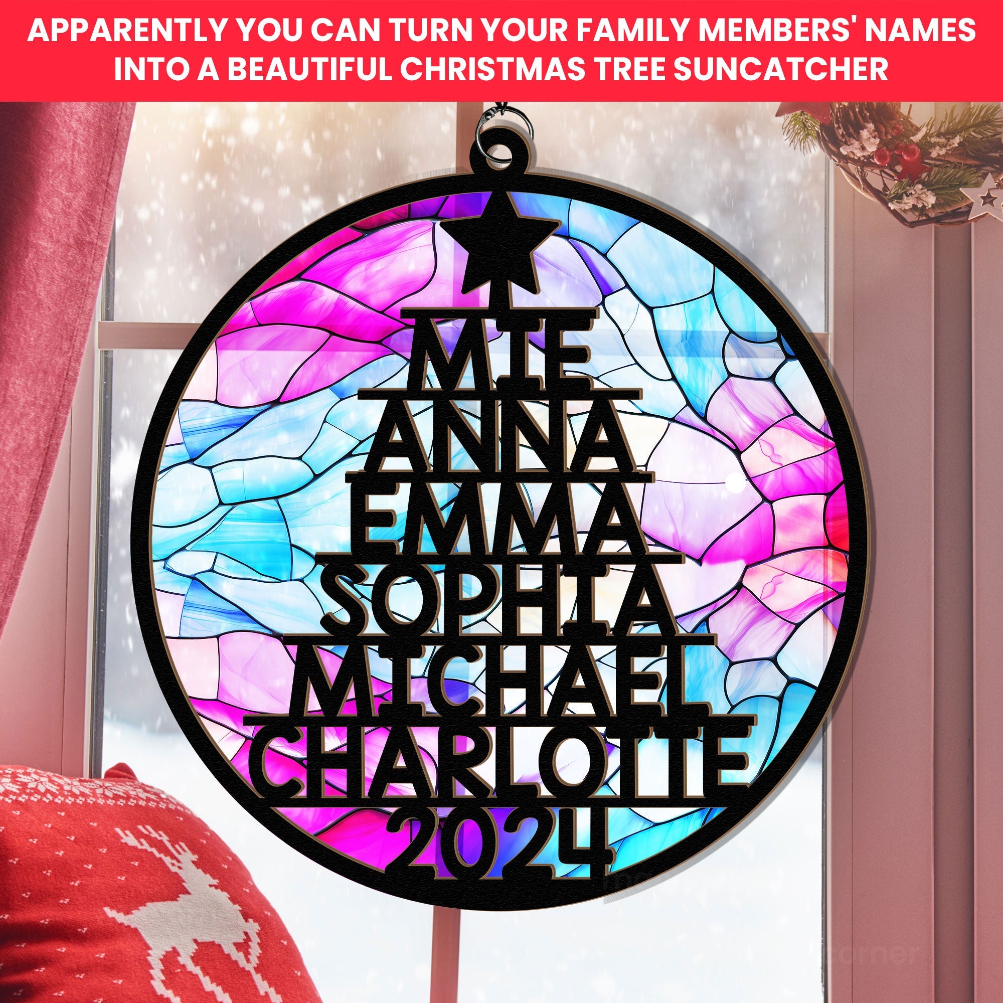 Family Member Names Christmas Tree - Personalized Window Hanging Suncatcher Ornament ORN0810