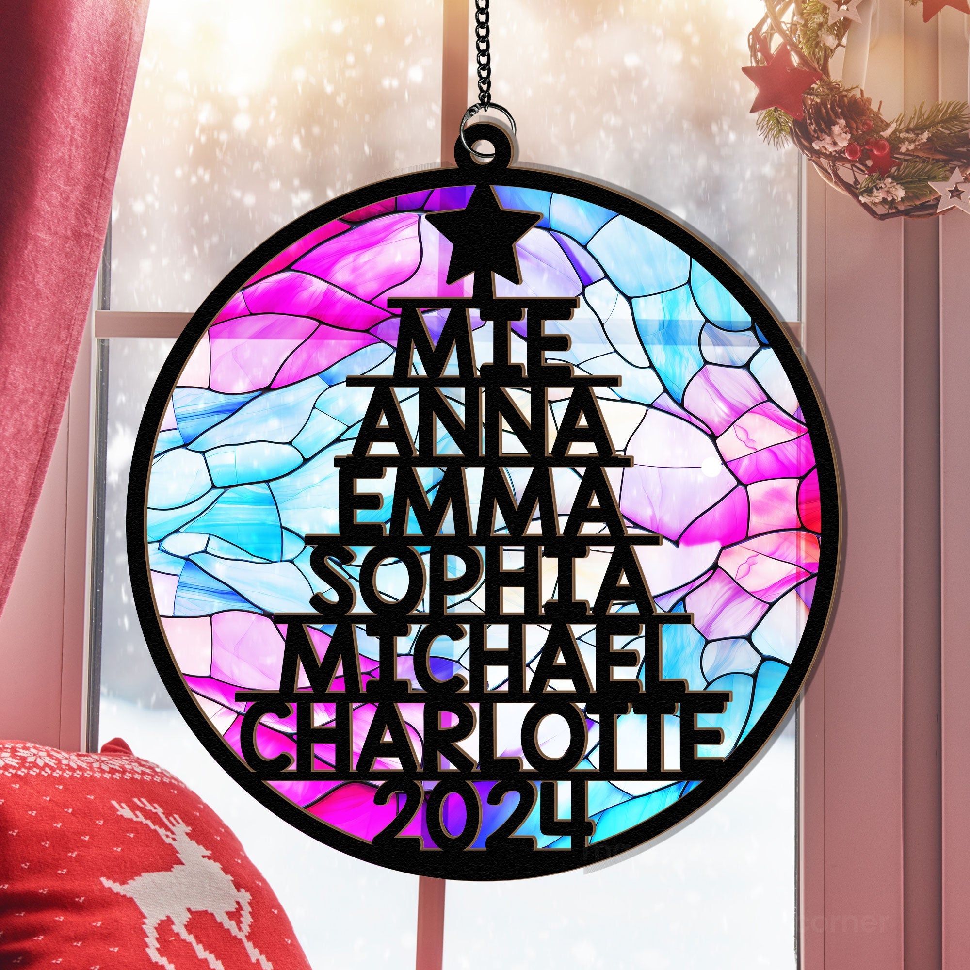 Family Member Names Christmas Tree - Personalized Window Hanging Suncatcher Ornament ORN0810