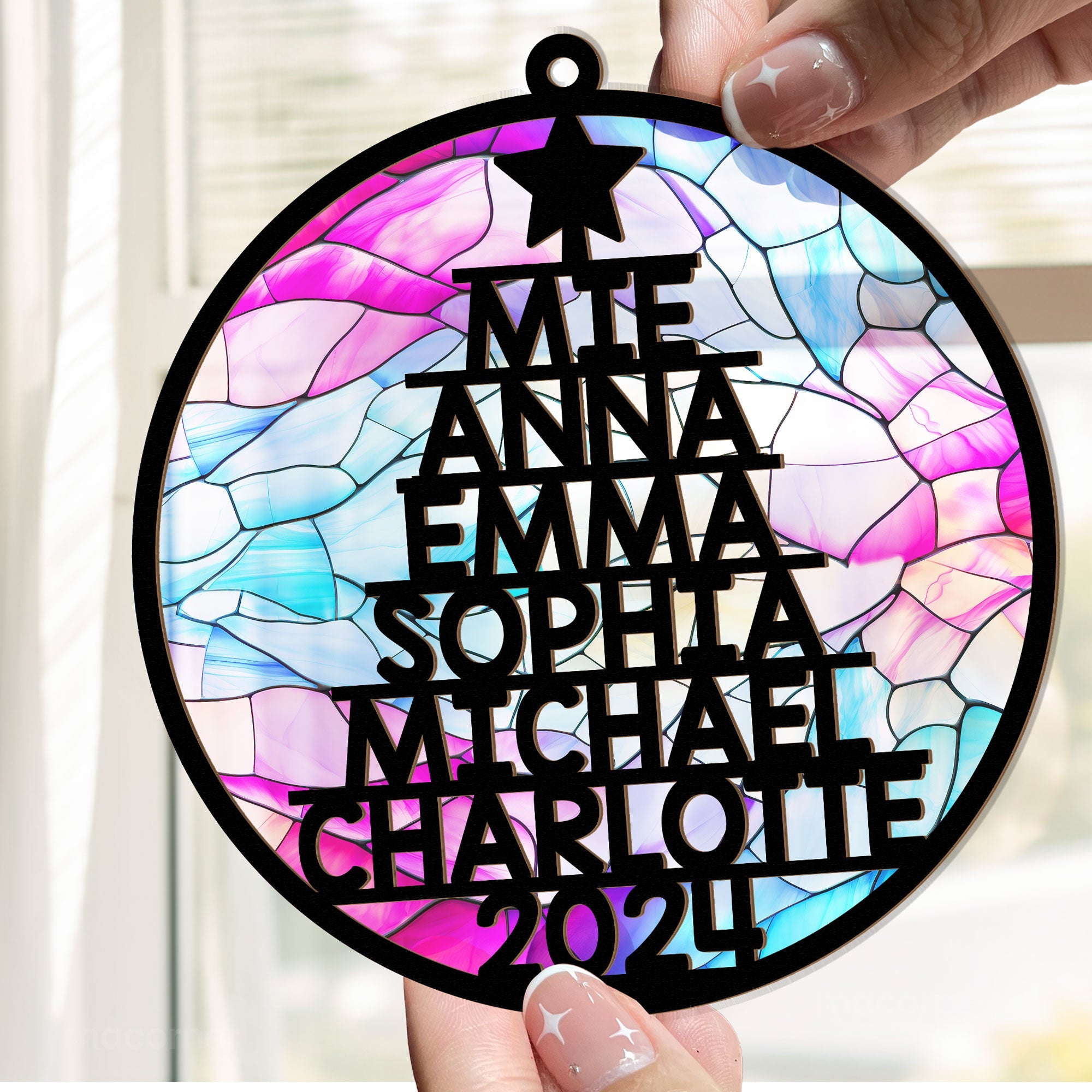 Family Member Names Christmas Tree - Personalized Window Hanging Suncatcher Ornament ORN0810