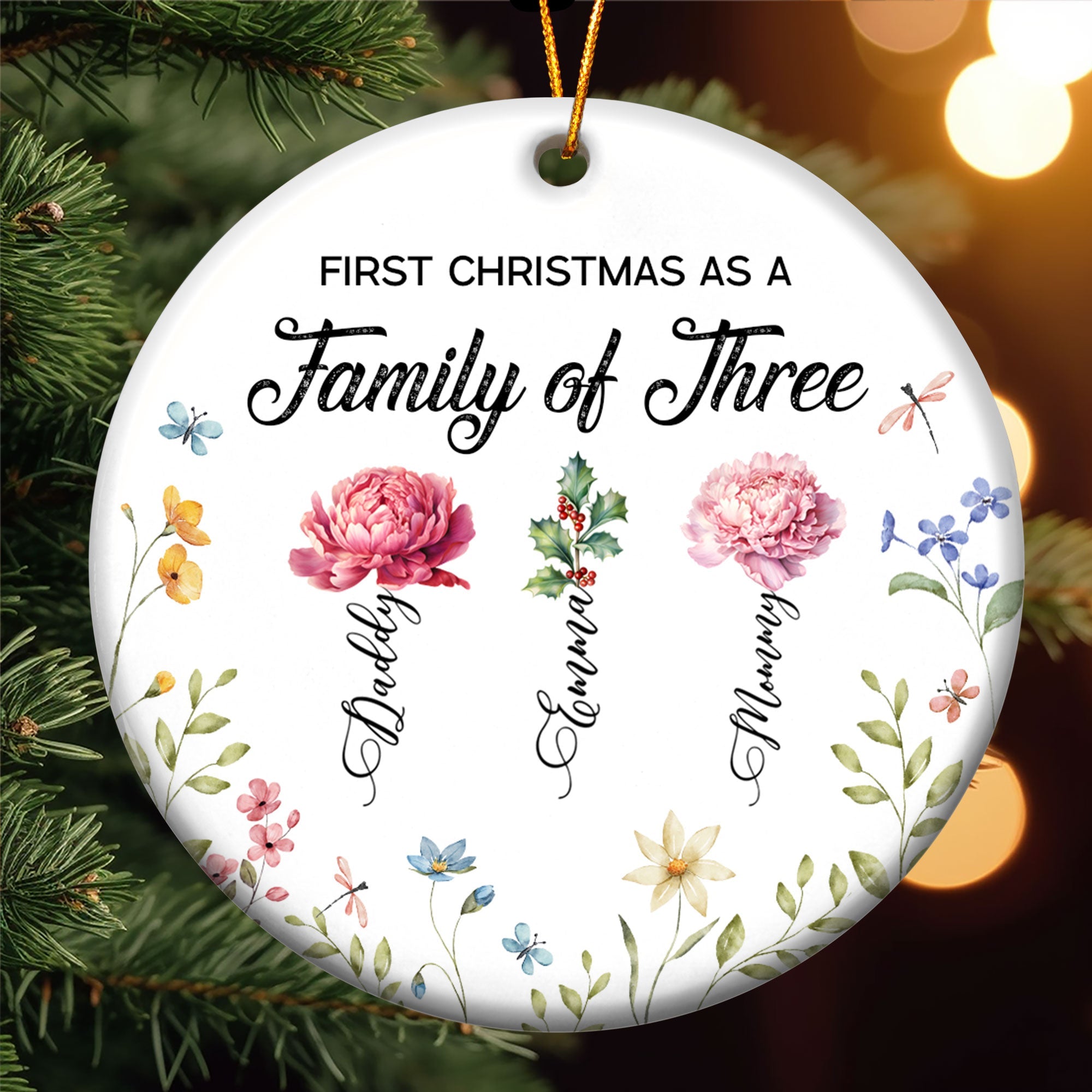 First Christmas As A Family Of Three Birth Flowers - Personalized Ceramic Ornament ORN0810