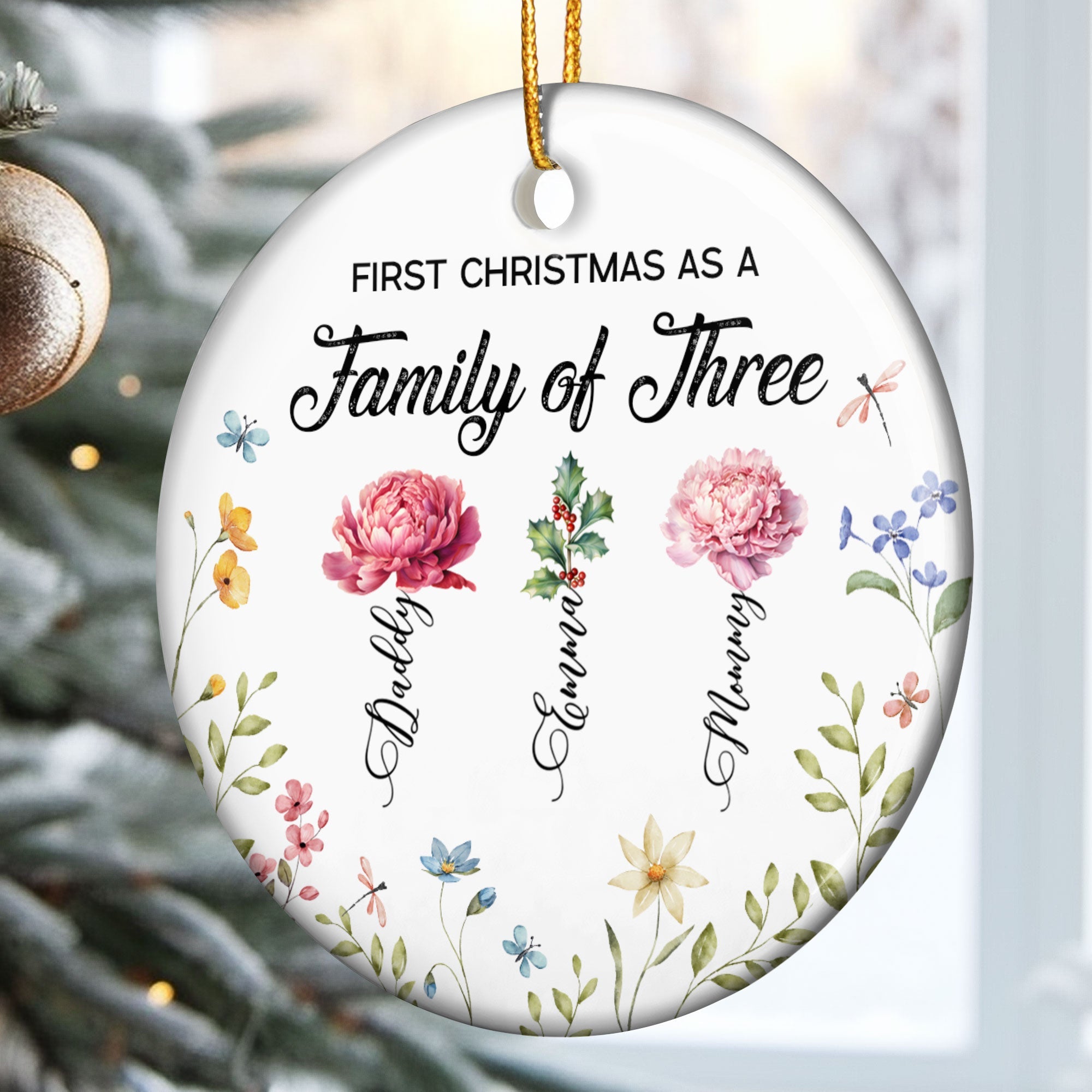 First Christmas As A Family Of Three Birth Flowers - Personalized Ceramic Ornament ORN0810