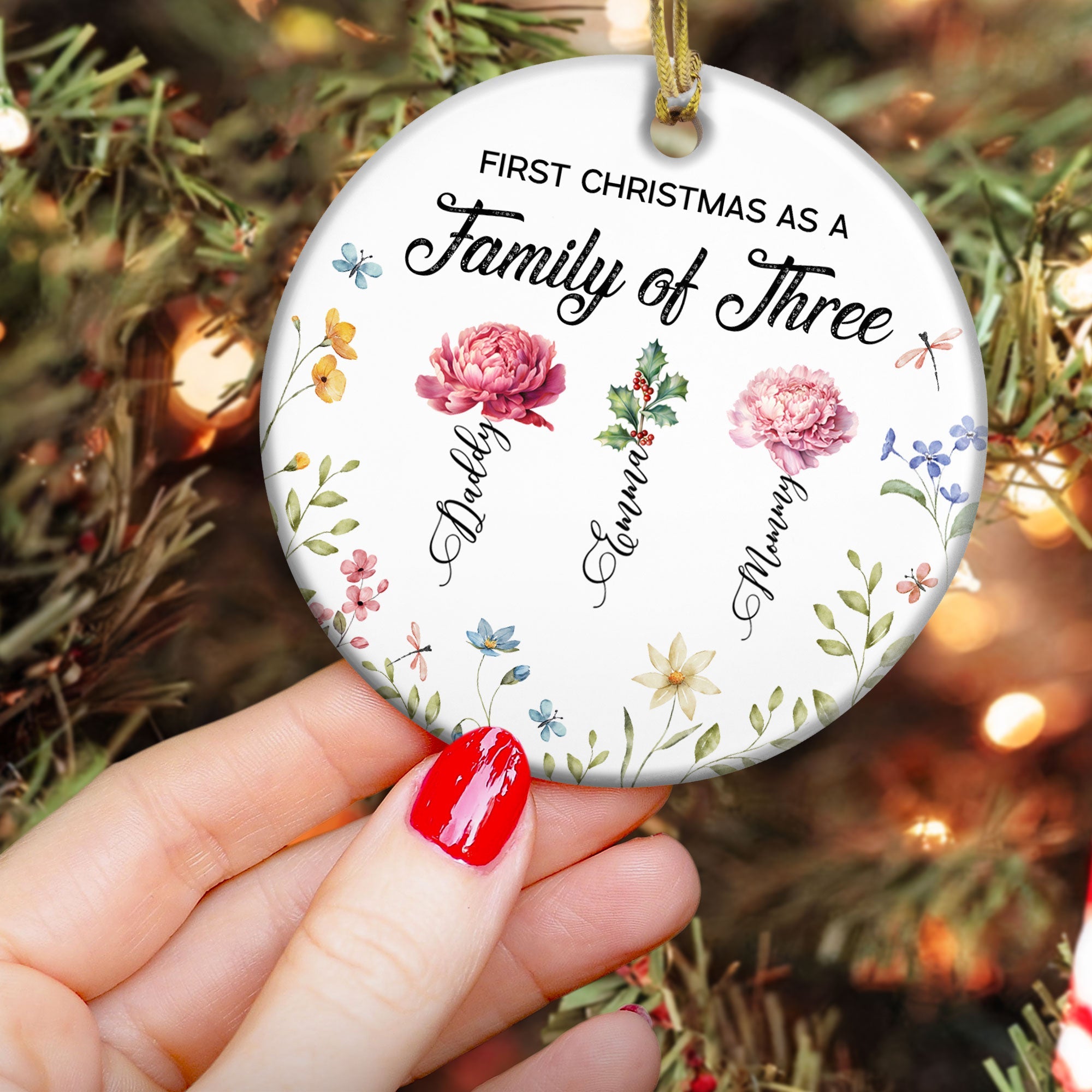 First Christmas As A Family Of Three Birth Flowers - Personalized Ceramic Ornament ORN0810