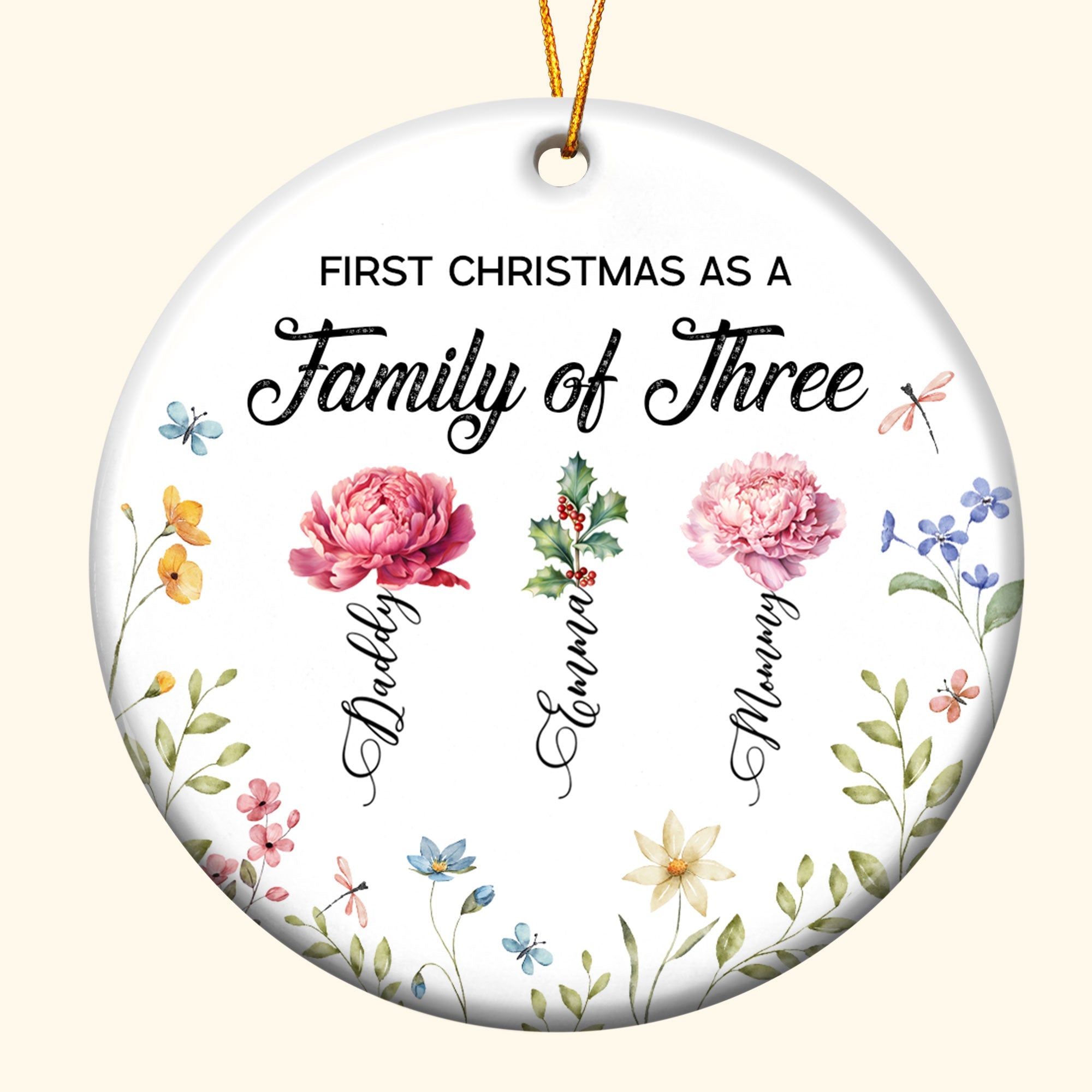 First Christmas As A Family Of Three Birth Flowers - Personalized Ceramic Ornament ORN0810