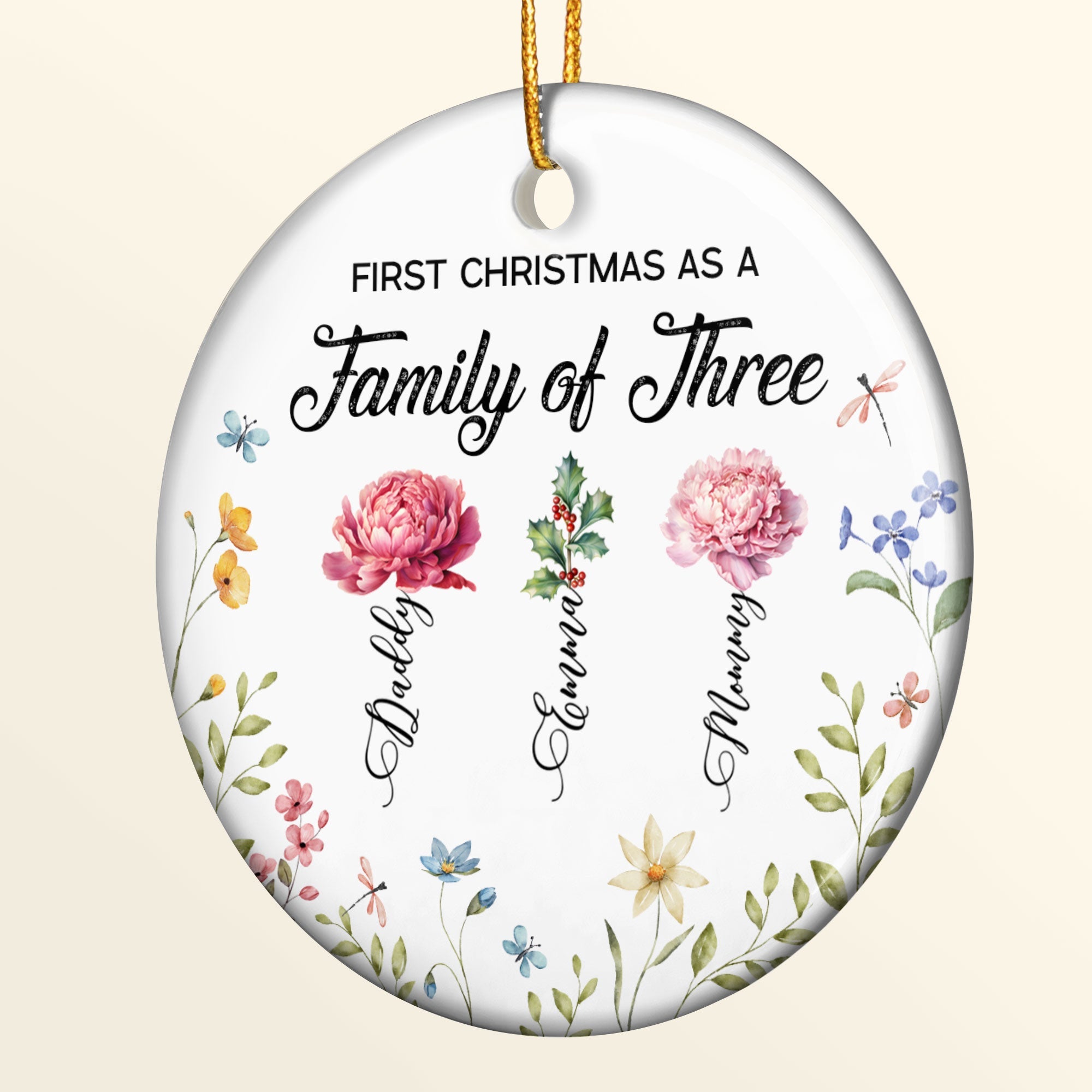 First Christmas As A Family Of Three Birth Flowers - Personalized Ceramic Ornament ORN0810