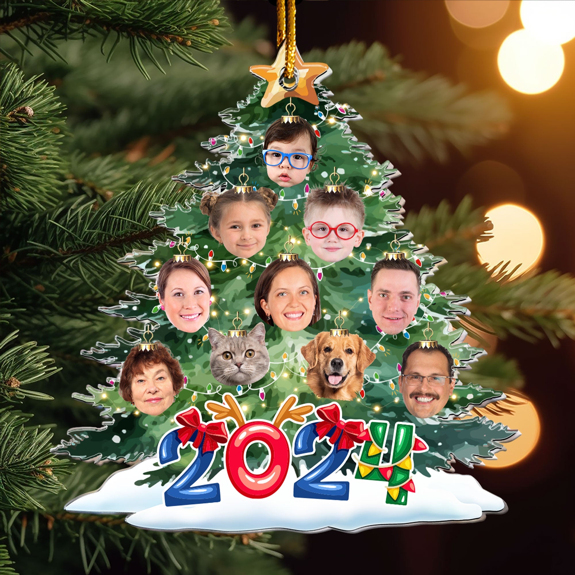 Funny Family Faces On The Christmas Tree - Personalized Acrylic Photo Ornament ORN0810