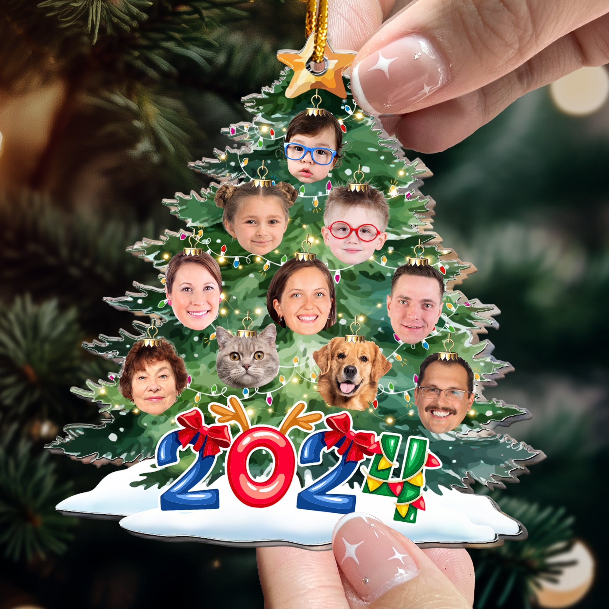 Funny Family Faces On The Christmas Tree - Personalized Acrylic Photo Ornament ORN0810