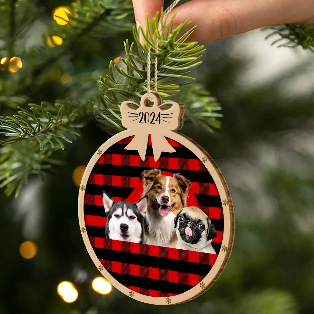 Custom Photo Christmas Plaid Dog Cat - Personalized Custom Shaped Wooden Ornament ORNA1210