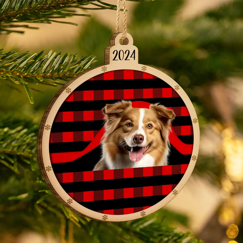 Custom Photo Christmas Plaid Dog Cat - Personalized Custom Shaped Wooden Ornament ORNA1210