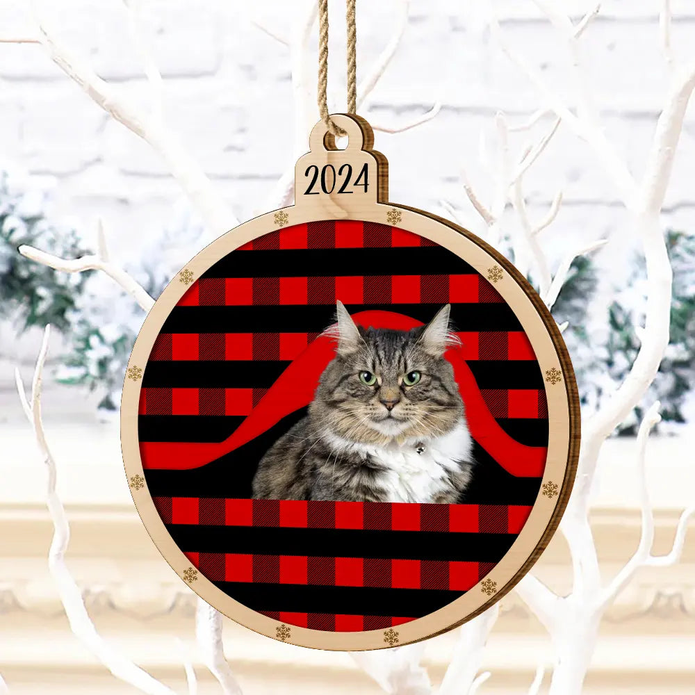 Custom Photo Christmas Plaid Dog Cat - Personalized Custom Shaped Wooden Ornament ORNA1210