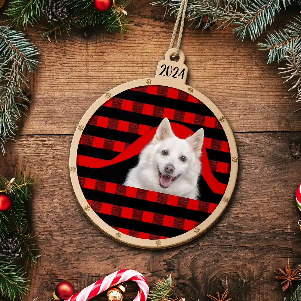 Custom Photo Christmas Plaid Dog Cat - Personalized Custom Shaped Wooden Ornament ORNA1210