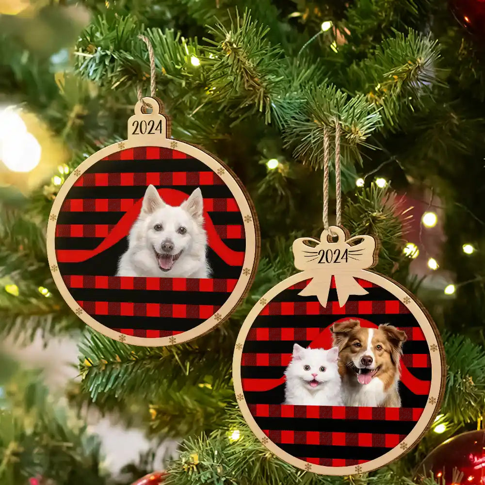 Custom Photo Christmas Plaid Dog Cat - Personalized Custom Shaped Wooden Ornament ORNA1210