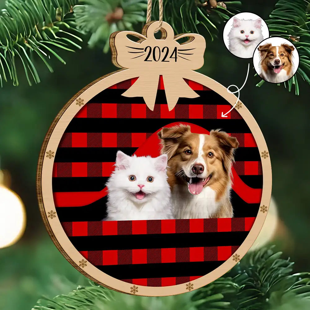 Custom Photo Christmas Plaid Dog Cat - Personalized Custom Shaped Wooden Ornament ORNA1210